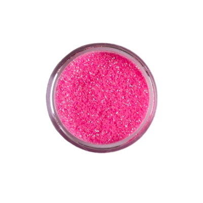 Pó brilhante cor-de-rosa em recipiente transparente