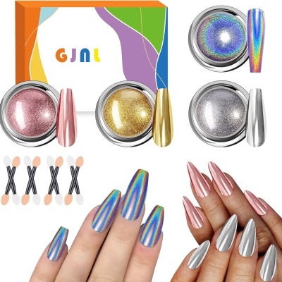 Kit 4 Pós de Efeitos para Nail Art: Holográfico + Espelho Prata + Ouro + Rose Gold (Envio em 3 dias)
