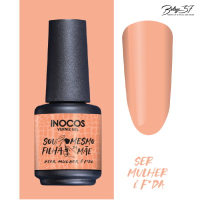 Frasco de verniz gel INOCOS cor pêssego e amostra da cor