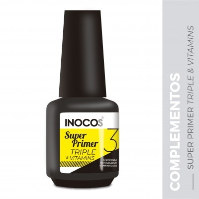 Frasco de verniz para unhas INOCOS Super Primer Triple & Vitamins com rótulo amarelo e branco