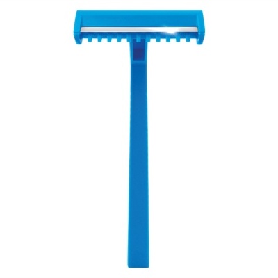 Aparelho de barbear descartável azul com lâmina única.