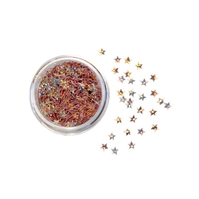 Frasco com estrelas metálicas pequenas coloridas e estrelas dispersas