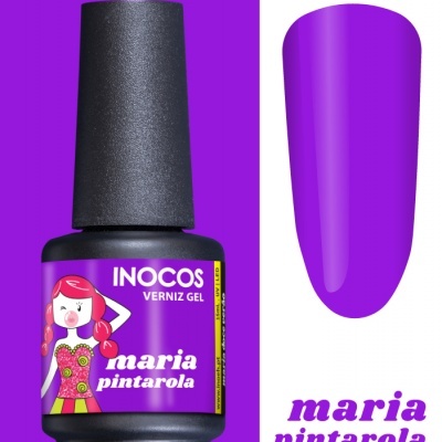 Frasco de verniz gel INOCOS roxo com etiqueta e amostra da cor