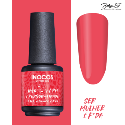 Frasco de verniz gel Inocos vermelho com texto motivacional e amostra da cor