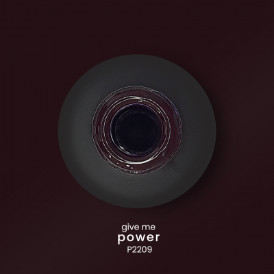 Objeto circular preto com centro vermelho e texto 'give me power P2209'