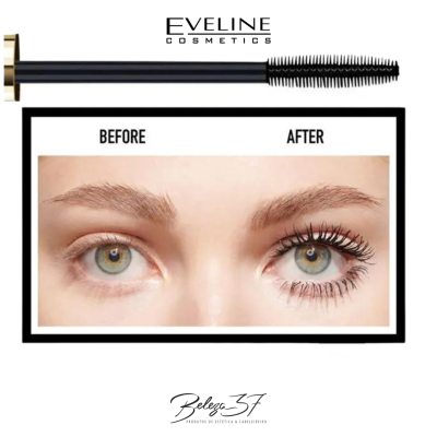 Rímel Eveline Cosmetics com comparação antes e depois da aplicação nas pestanas