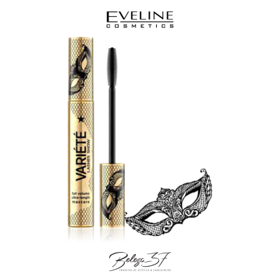 Máscara de pestanas Eveline Cosmetics Varieté dourada com padrão quadriculado e máscara de carnaval preta