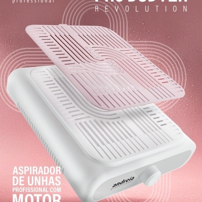 Aspirador de unhas profissional branco com tampas rosa claro e branco, marca andreia professional.
