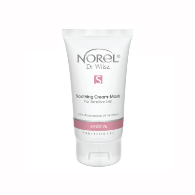 Tubo branco de creme calmante para pele sensível da Norel Dr Wilsz com texto cinza e rosa