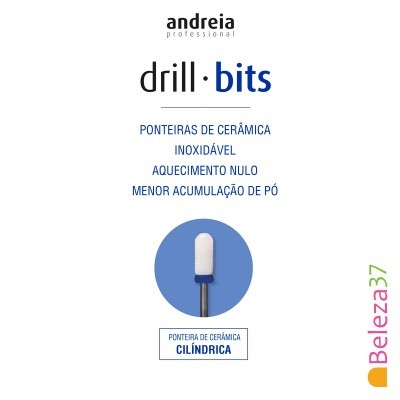 Embalagem branca de ponteiras de cerâmica cilíndrica para broca, texto em preto e azul, fundo branco com detalhes.