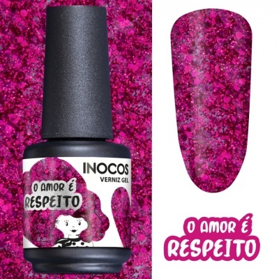 Verniz gel INOCOS rosa glitter com rótulo O AMOR É RESPEITO