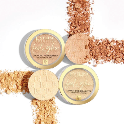 Produtos Eveline Cosmetics Feel the Glow highlighters em embalagem dourada redonda com pós em tons bege e bronze