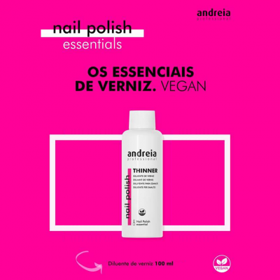 Embalagem branca de diluente para verniz de unhas em fundo rosa com texto promocional