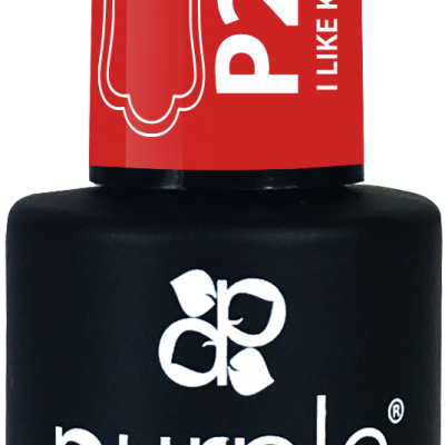 Frasco de verniz gel preto com etiqueta vermelha e texto branco