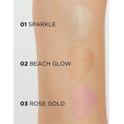 amostras de cores de maquilhagem SPARKLE, BEACH GLOW e ROSE GOLD aplicadas no braço