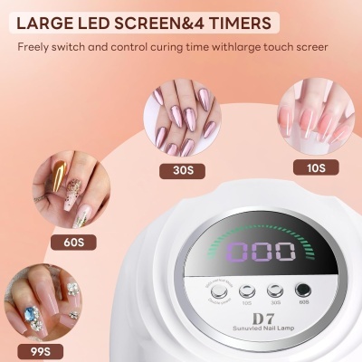 Lâmpada de unha Sunuvled D7 branca com ecrã LED e botões para temporizadores, com imagens de unhas decoradas