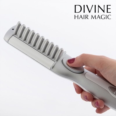 Dispositivo para cabelo cinza claro com pente e lâmina, texto DIVINE HAIR MAGIC