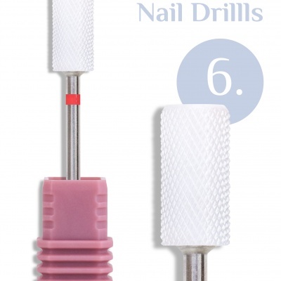 Broca de unhas branca texturizada da INOCOS com base rosa, texto 'INOCOS Nail Drills 6.'