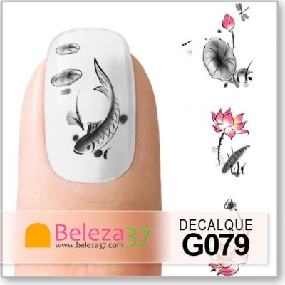 adesivo de unha com peixe e flores, texto Beleza 37 e DECALQUE G079