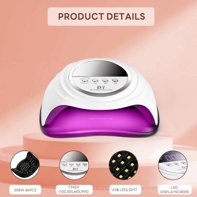 Dispositivo branco e roxo para unhas com visor LED e botões, com detalhes do produto em ícones circulares