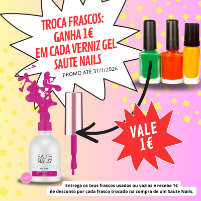 Imagem promocional de vernizes gel Saute Nails com frascos coloridos e texto promocional em português.