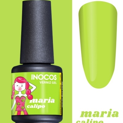 Frasco de verniz gel INOCOS verde-limão com ilustração e texto maria calipo