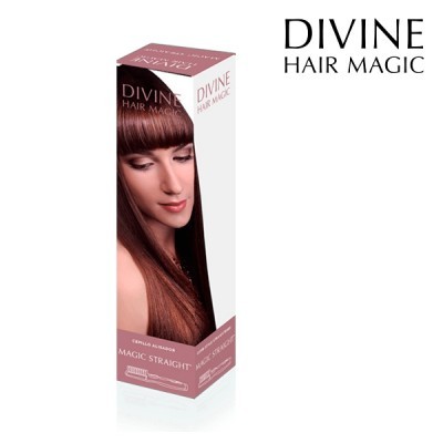 Embalagem de alisador de cabelo DIVINE HAIR MAGIC com imagem de mulher e texto