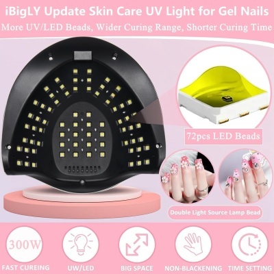 Lâmpada UV preta para unhas de gel com 72 LEDs e texto explicativo