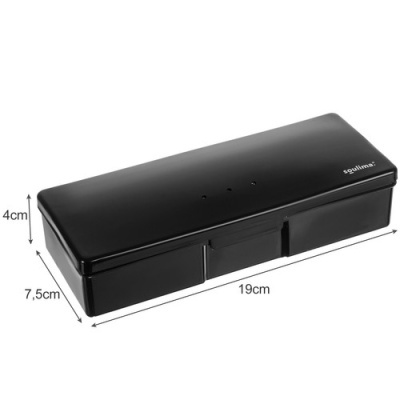 Estojo preto retangular com fecho, dimensões indicadas, selo 'Squalimax'