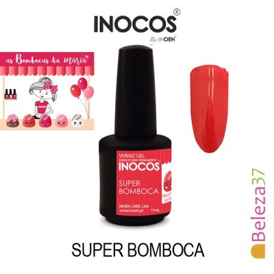 Frasco de verniz gel vermelho Inocos Super Bomboca com amostra da cor