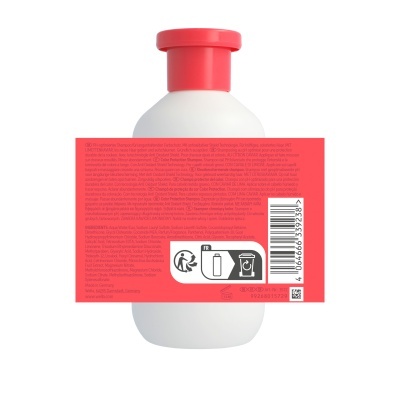 Frasco branco com tampa vermelha e rótulo vermelho com texto e código de barras