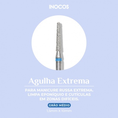 agulha metálica texturizada Agulha Extrema INOCOS com texto em fundo azul