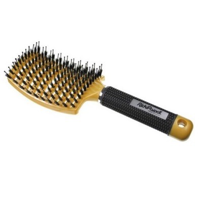 Escova de cabelo raquete dourada e preta com cerdas pretas e brancas