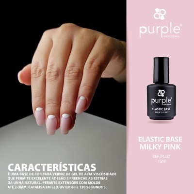 Mão com unhas decoradas e frasco de verniz de gel Purple Elastic Base Milky Pink