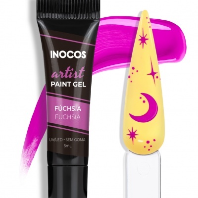 Gel de pintura para unhas INOCOS artist cor FÚCHSIA em embalagem preta com amostra de cor rosa
