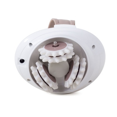 Dispositivo de massagem branco e rosa claro com rodas dentadas