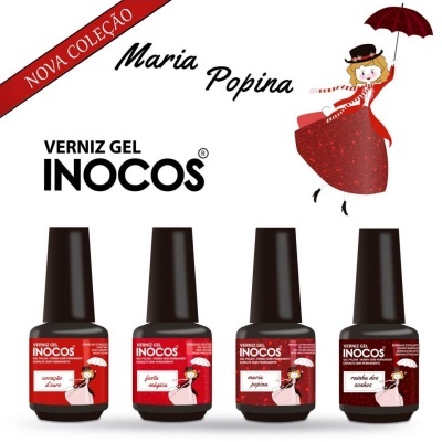Coleção de vernizes gel INOCOS Maria Popina com quatro frascos e personagem ilustrada