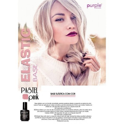 Mulher loira com cabelo apanhado e lábios escuros, camisola branca, texto promocional BASE ELÁSTICA PASTEL Pink Purple