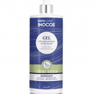 Frasco azul e branco do gel pós depilatório e pós solar da Inocos