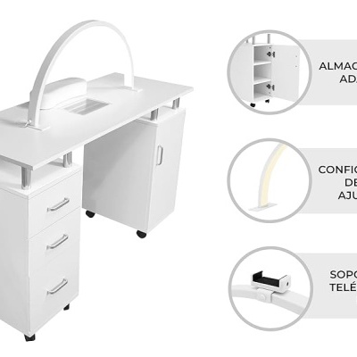 Mesa de Manicure Profissional com Aspirador Encastrado + Candeeiro LED + Apoio de Mãos