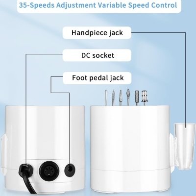 Fresa Elétrica Branca Redonda de 35.000 RPM com Pedal e 6 Brocas