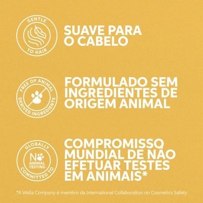 Texto em fundo amarelo indicando características do produto relacionadas a cuidados capilares e ausência de testes em animais
