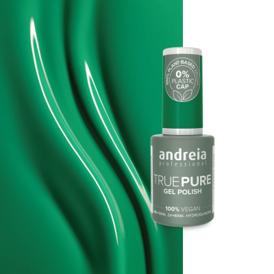 Frasco de verniz gel Andreia True Pure com tampa verde e fundo verde brilhante