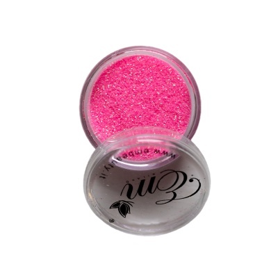 Pote pequeno com glitter cor-de-rosa brilhante e tampa com marca 'Coni'