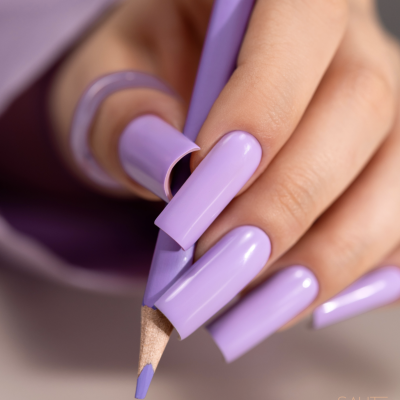 Unha postiça lilás comprida a segurar um lápis lilás