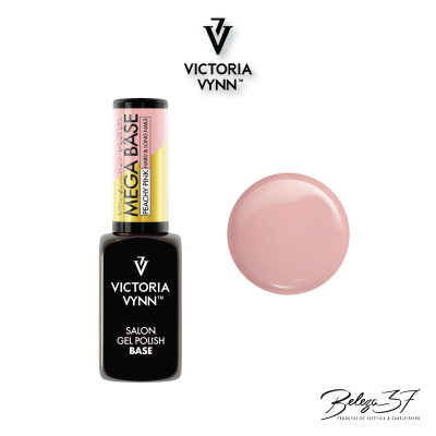 Frasco de verniz gel preto VICTORIA VYNN com cor rosa pêssego e logotipo da marca no fundo branco