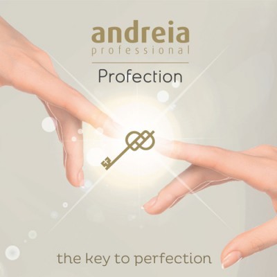 Duas mãos femininas quase a tocar os dedos indicador com chave dourada brilhante entre eles e textos 'andreia professional', 'Profection', 'the key to perfection'.