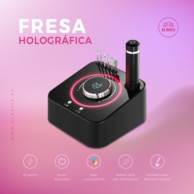 Dispositivo preto para unhas com fresas e caneta sobre fundo rosa, texto FRESA HOLOGRÁFICA