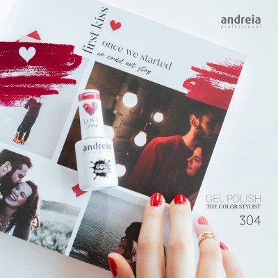 Verniz gel Andreia Professional 304 sobre revista com imagens de casais e mãos femininas com unhas vermelhas