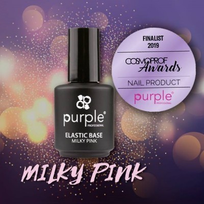 Frasco de verniz para unhas preto com tampa preta e texto branco roxo sobre fundo lilás brilhante